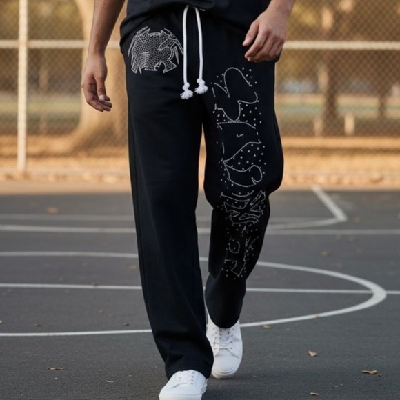 100% Cotton Rhinestone Crytal Wide Leg Pants French Terry Washed Mens Trackpsnts - Picture 1 of 10